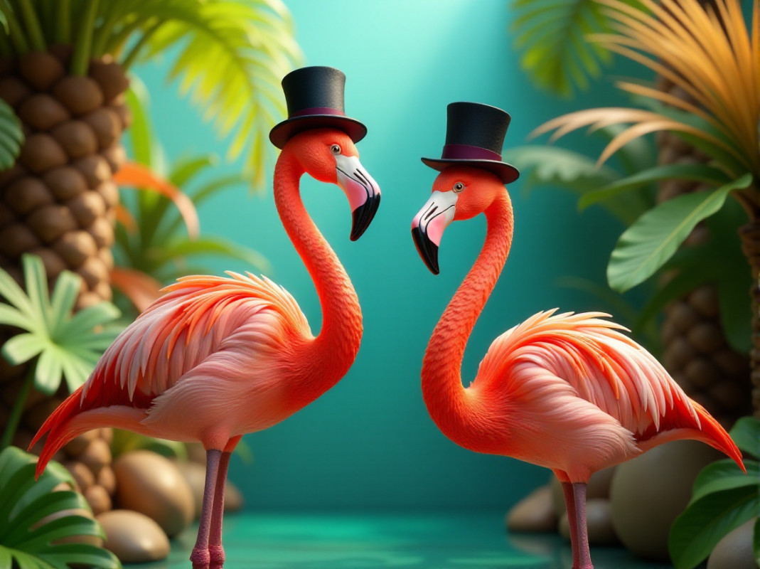 An imaginative image of a two-headed flamingo wearing a top hat.