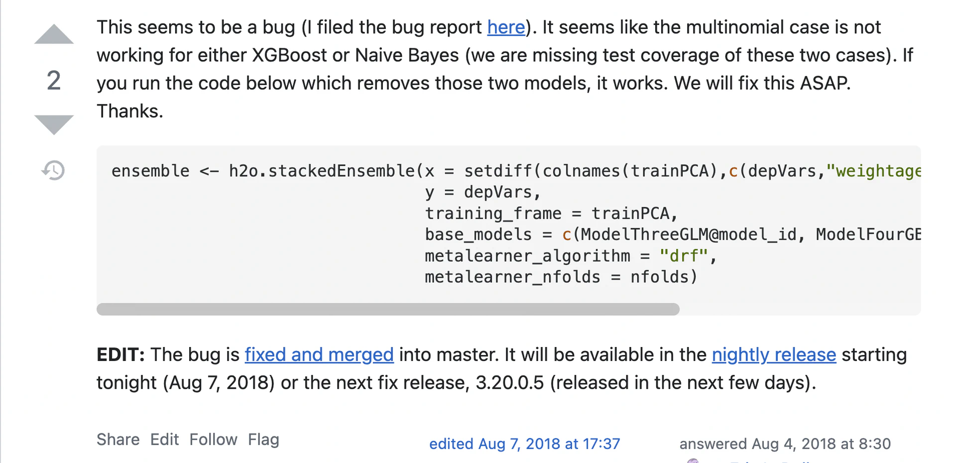An example of H2O's platform's support for resolving reported bugs (51683851).