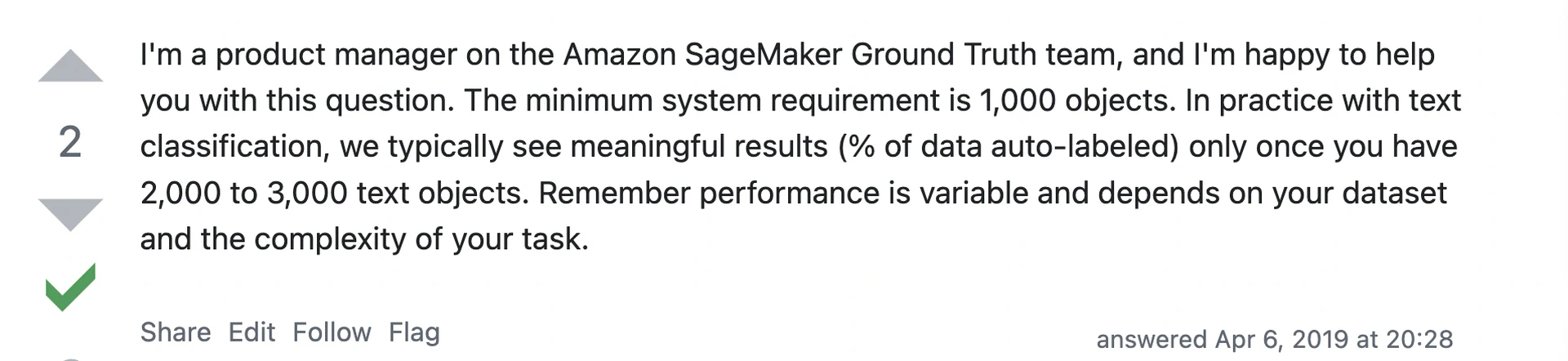 An example of Amazon Sagemaker team monitoring and supporting SO practitioners' queries (55553190).