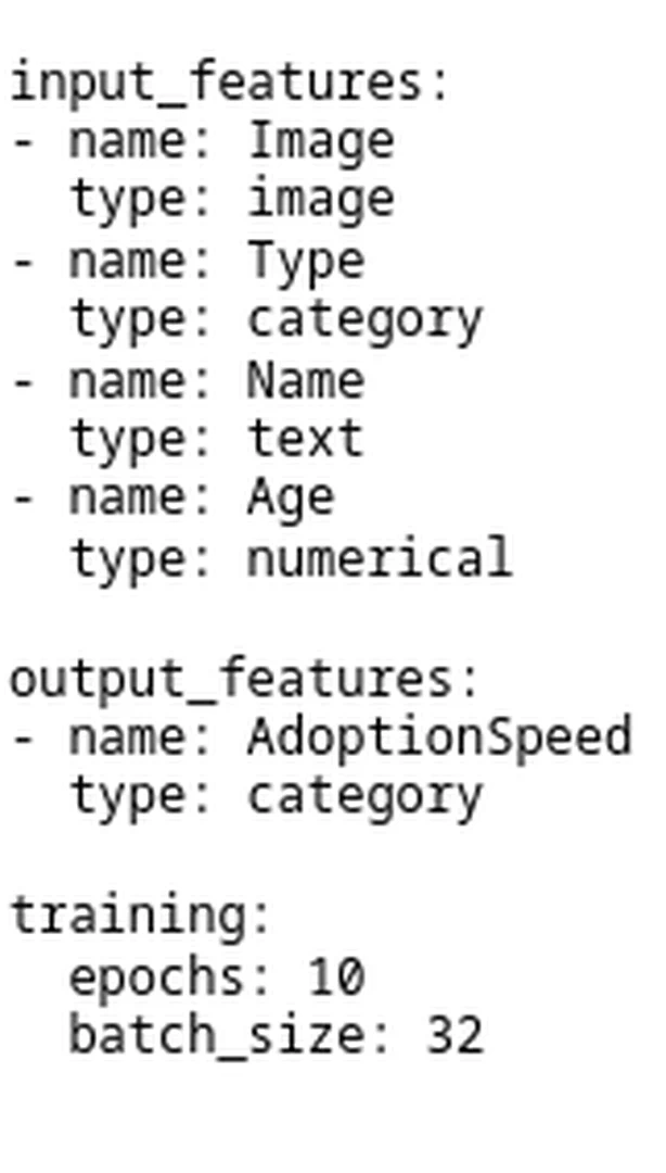 An example Ludwig configuration for the PetFinder dataset [14]. The input and output features are listed, along with some additional training information.