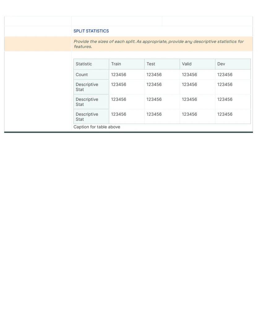 Data Card Template - In the _Use in Machine Learning or AI systems_  subsection of the _Extended Use_  section (Contd., 3/3), producers are ask to report descriptive statistics for different training and testing splits. For widescale adoption, we encourage the automation of these types of fields for accuracy and rigor.