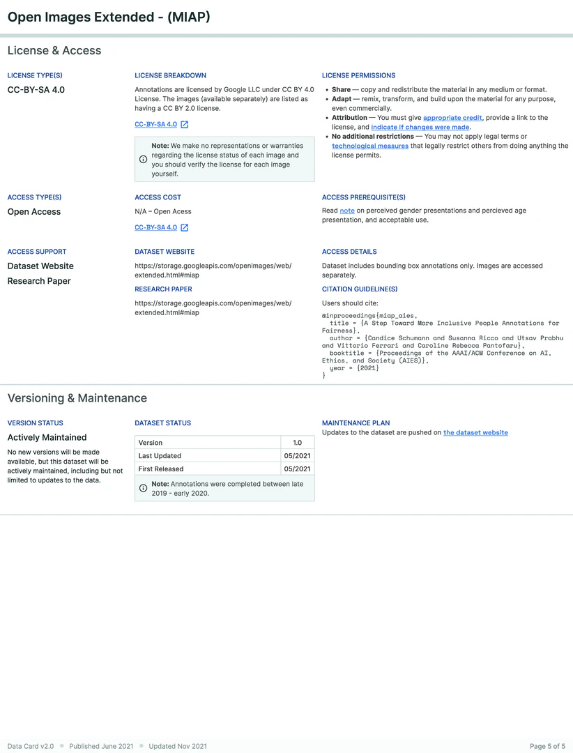 Data Card for Computer Vision Dataset, Page 5 of 5