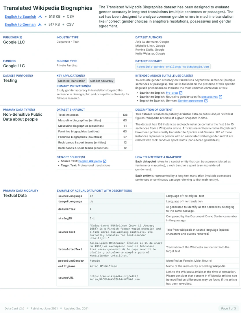 Data Card for Language Translation Dataset, Page 1 of 3