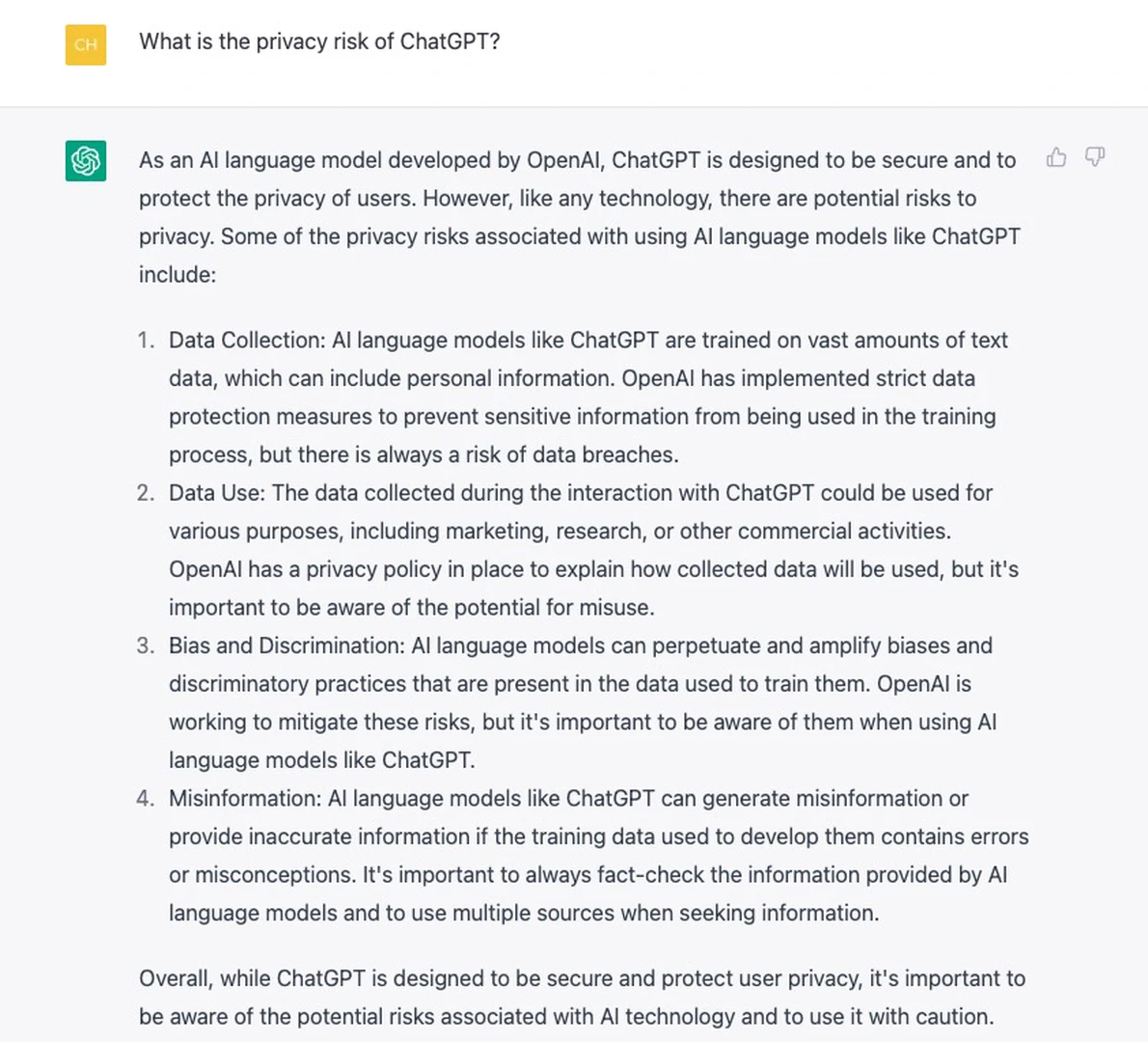 An answer to “What is the privacy risk of ChatGPT' by ChatGPT (Jan. 30, 2023 version).